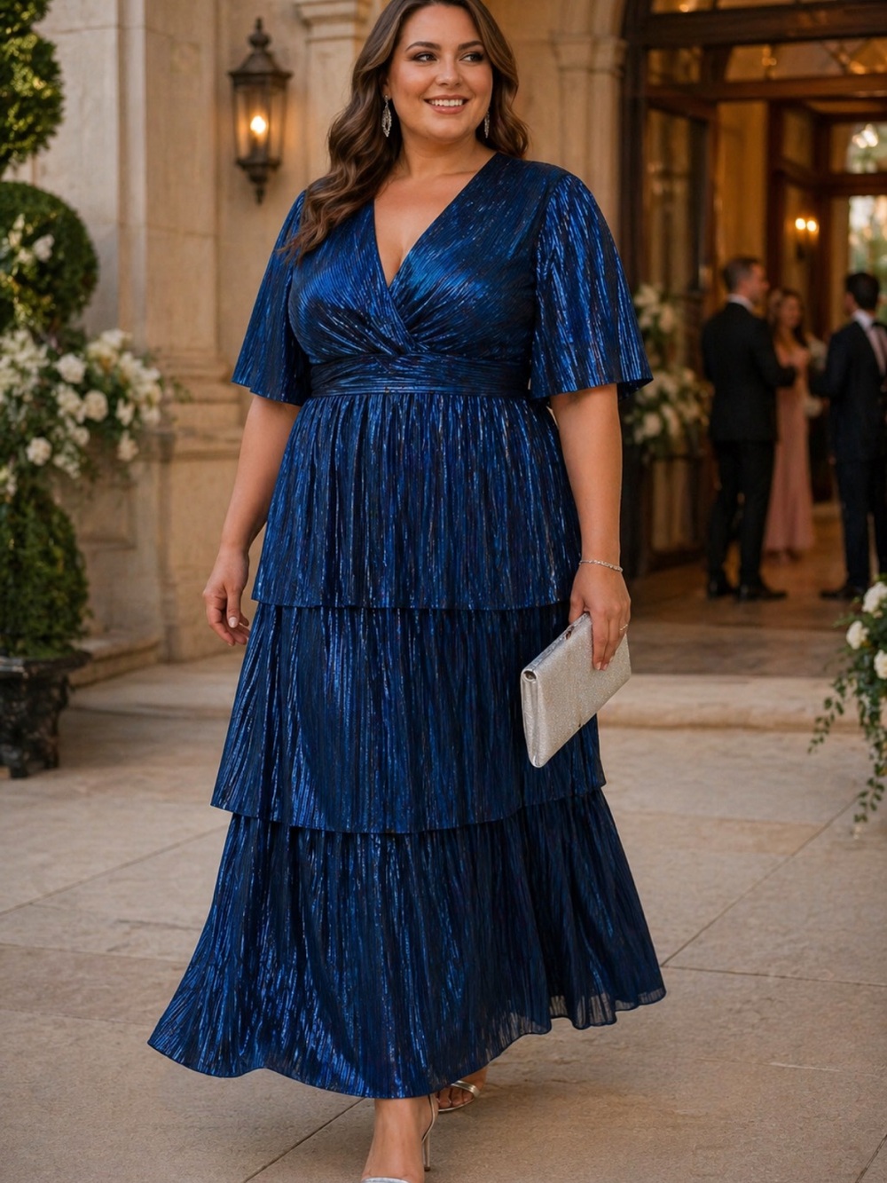 TJ Maxx Roseason Blue Metallic Tiered Maxi Dress Sz 14 formal